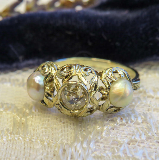 Early Old European Cut Diamond and Pearl Trilogy Ring