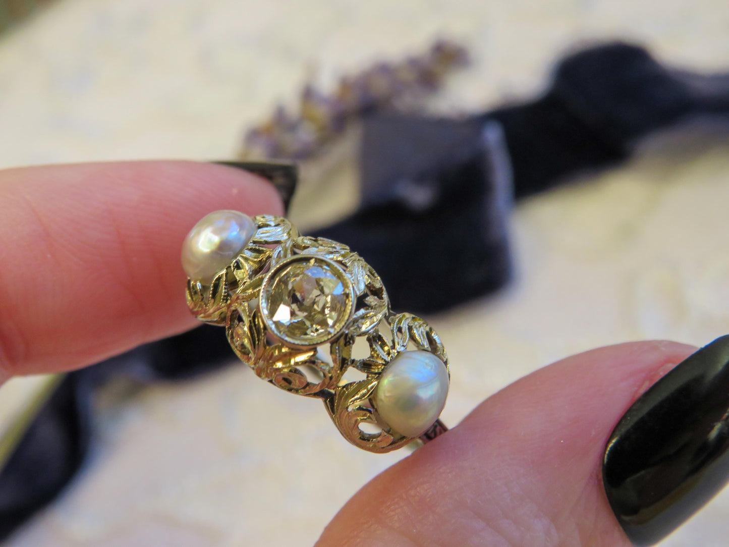 Early Old European Cut Diamond and Pearl Trilogy Ring