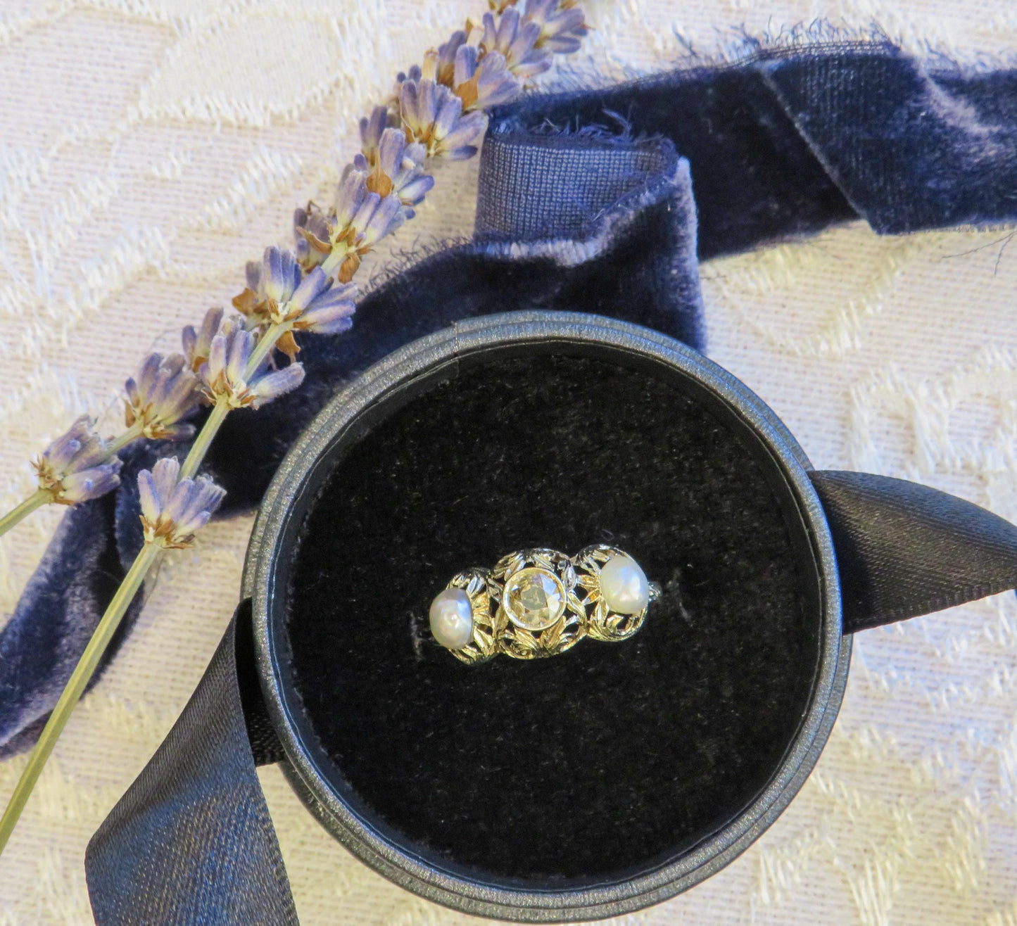 Early Old European Cut Diamond and Pearl Trilogy Ring
