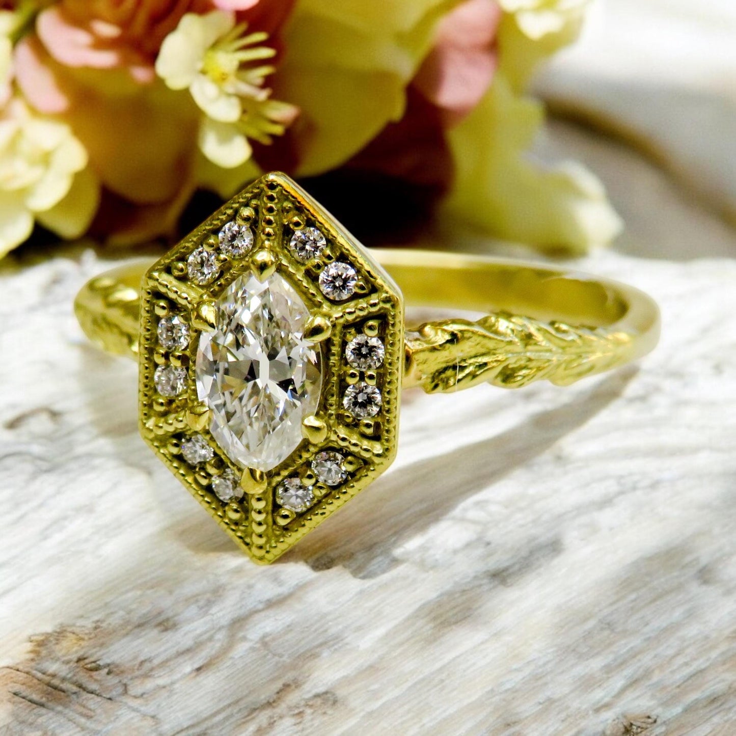 Exquisite Estate Ring | Antique Moval Diamond in 18K Green Gold | North Way Studio