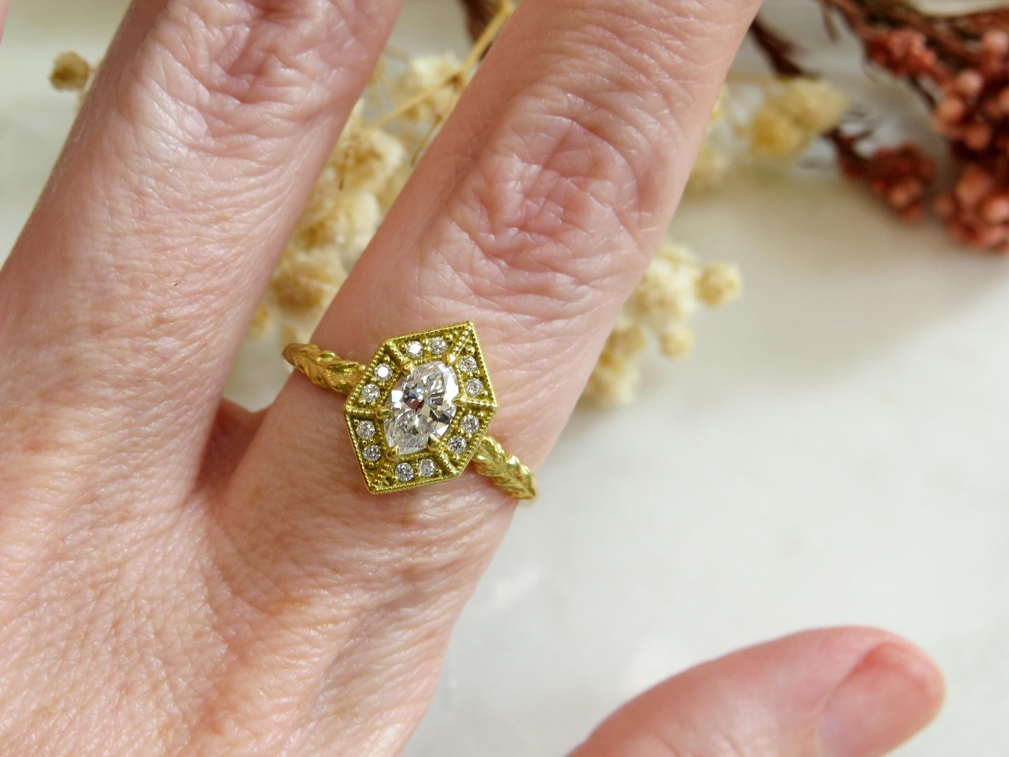 Exquisite Estate Ring | Antique Moval Diamond in 18K Green Gold | North Way Studio