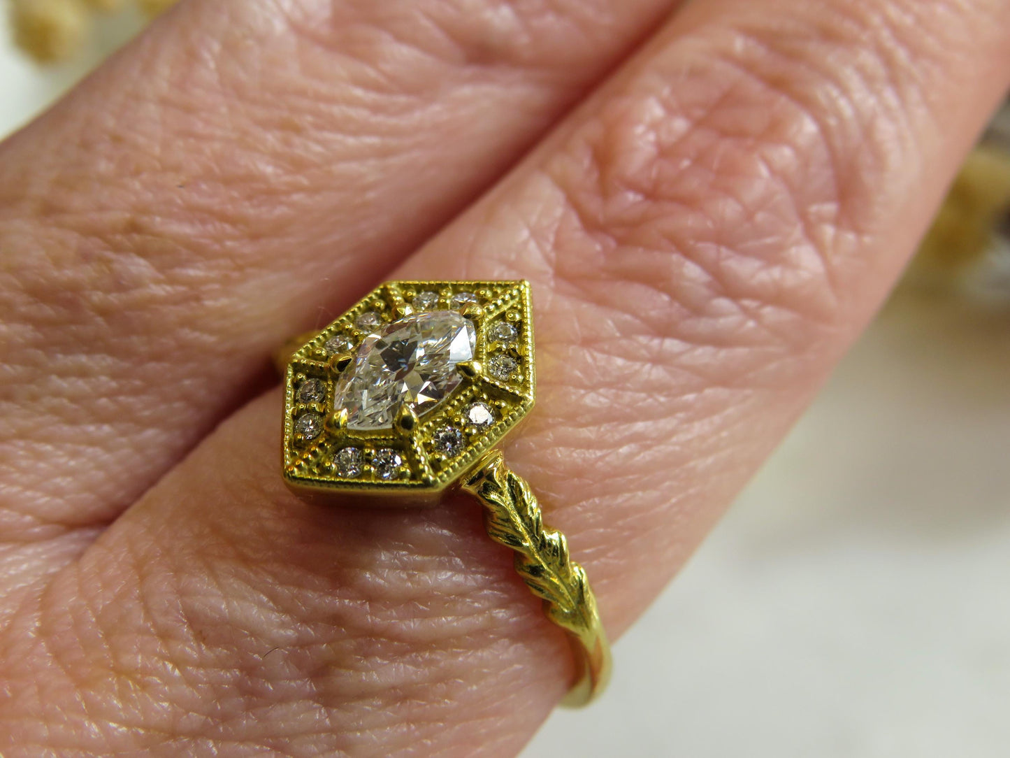 Exquisite Estate Ring | Antique Moval Diamond in 18K Green Gold | North Way Studio