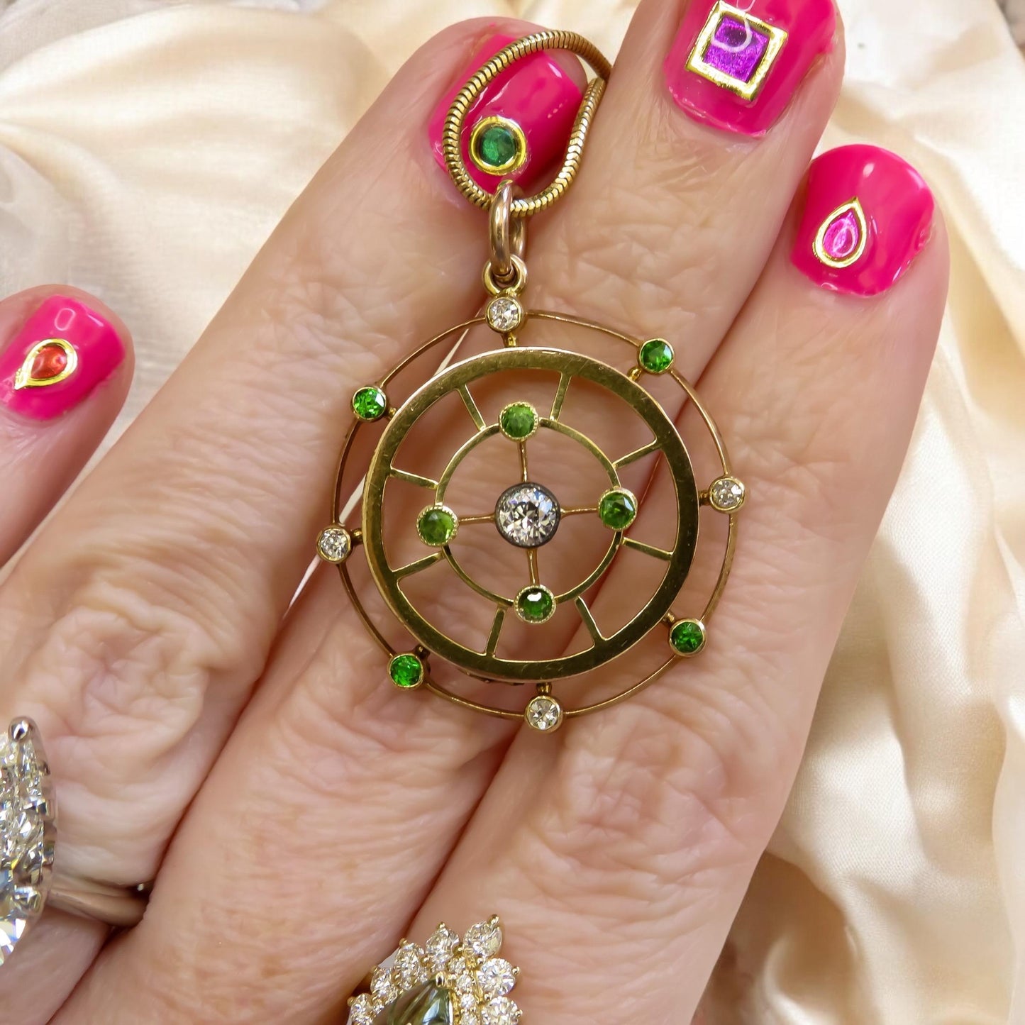 Antique Demantoid Garnet and Diamond Pendant in 15K Gold | Celestial Victorian Era Jewelry | Demantoid Garnet & Old-Cut Diamond Halo