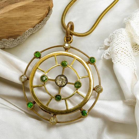 Antique Demantoid Garnet and Diamond Pendant in 15K Gold | Celestial Victorian Era Jewelry | Demantoid Garnet & Old-Cut Diamond Halo