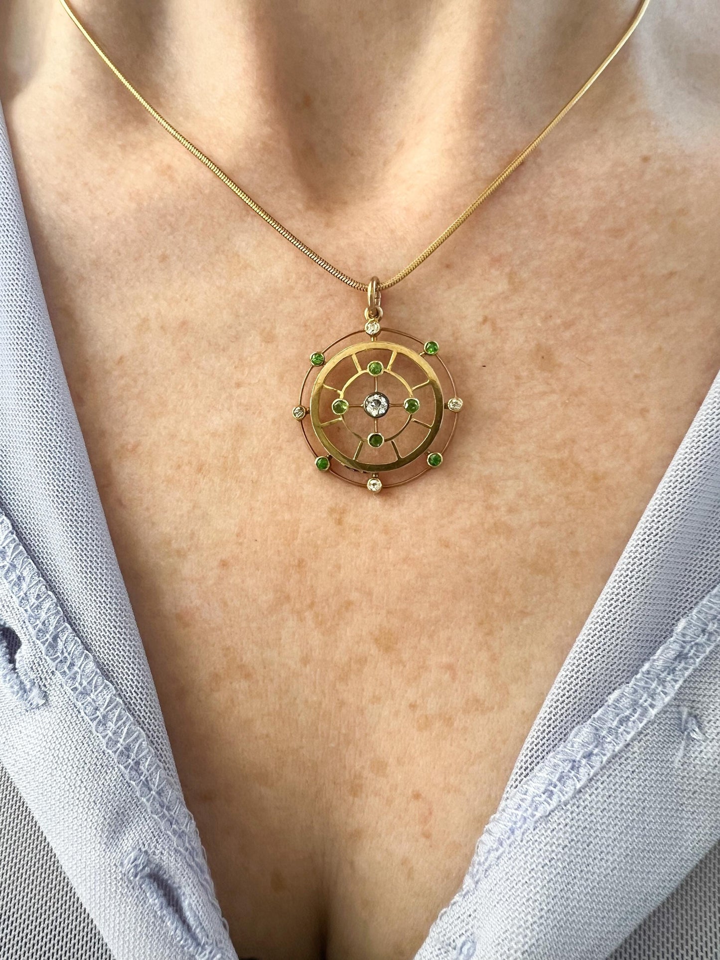 Antique Demantoid Garnet and Diamond Pendant in 15K Gold | Celestial Victorian Era Jewelry | Demantoid Garnet & Old-Cut Diamond Halo