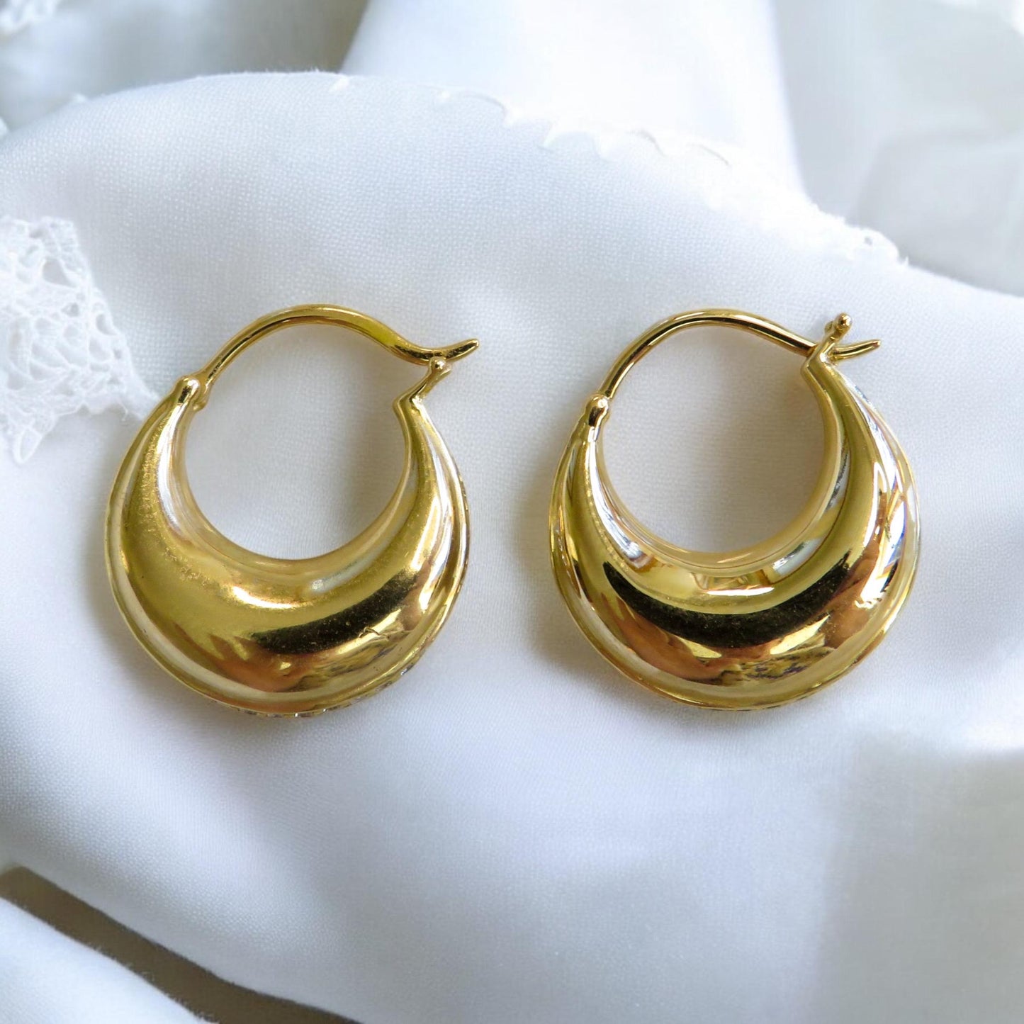 Domed Saddle Hoops with Channel Set Diamonds in 14K