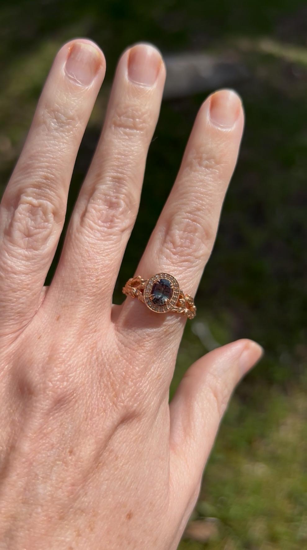 Ethereal Estate Color Change Sapphire Ring | 1.21ct | Champagne Diamond Halo | 14K Rose Gold | North Way Studio | Size 8.25