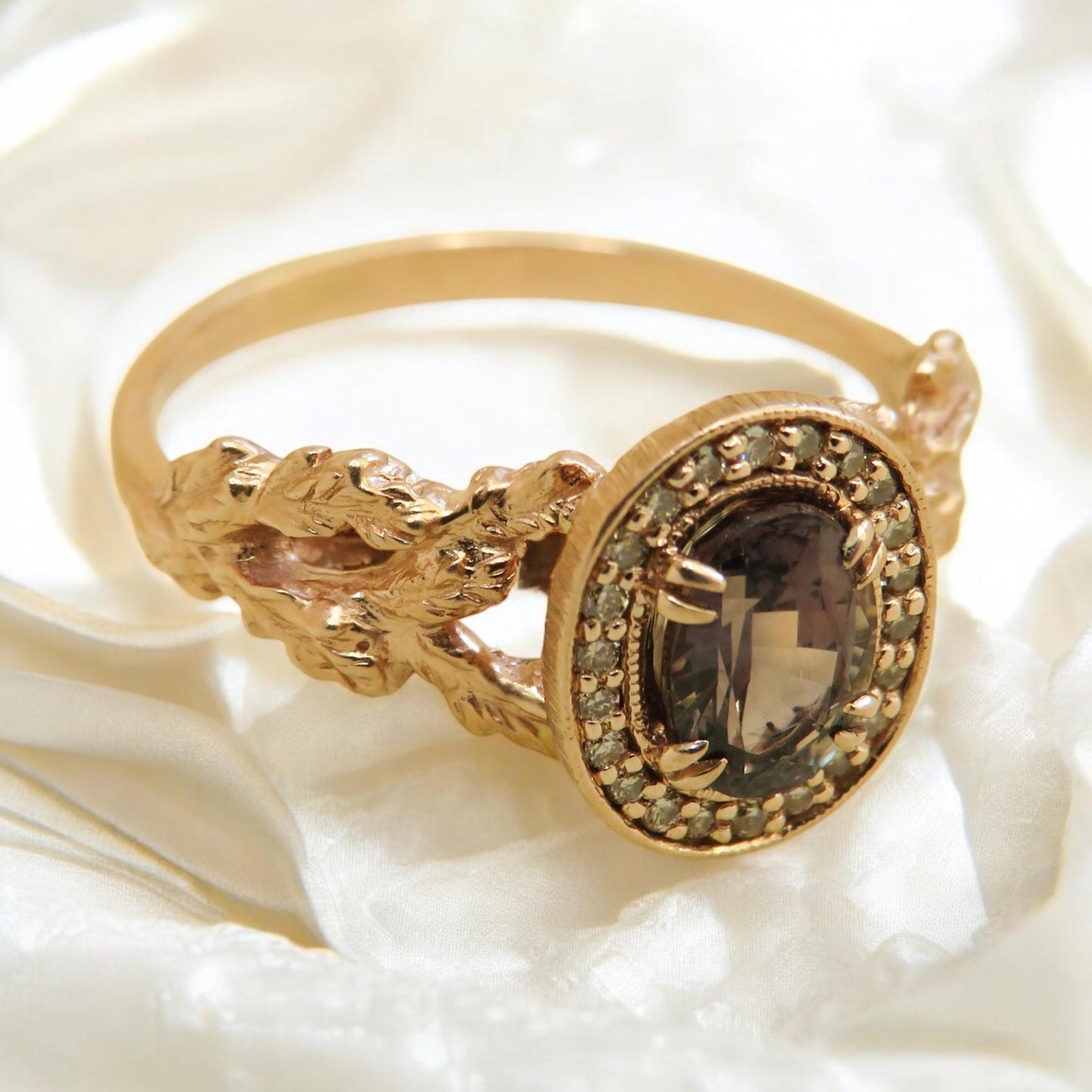 Ethereal Estate Color Change Sapphire Ring | 1.21ct | Champagne Diamond Halo | 14K Rose Gold | North Way Studio | Size 8.25