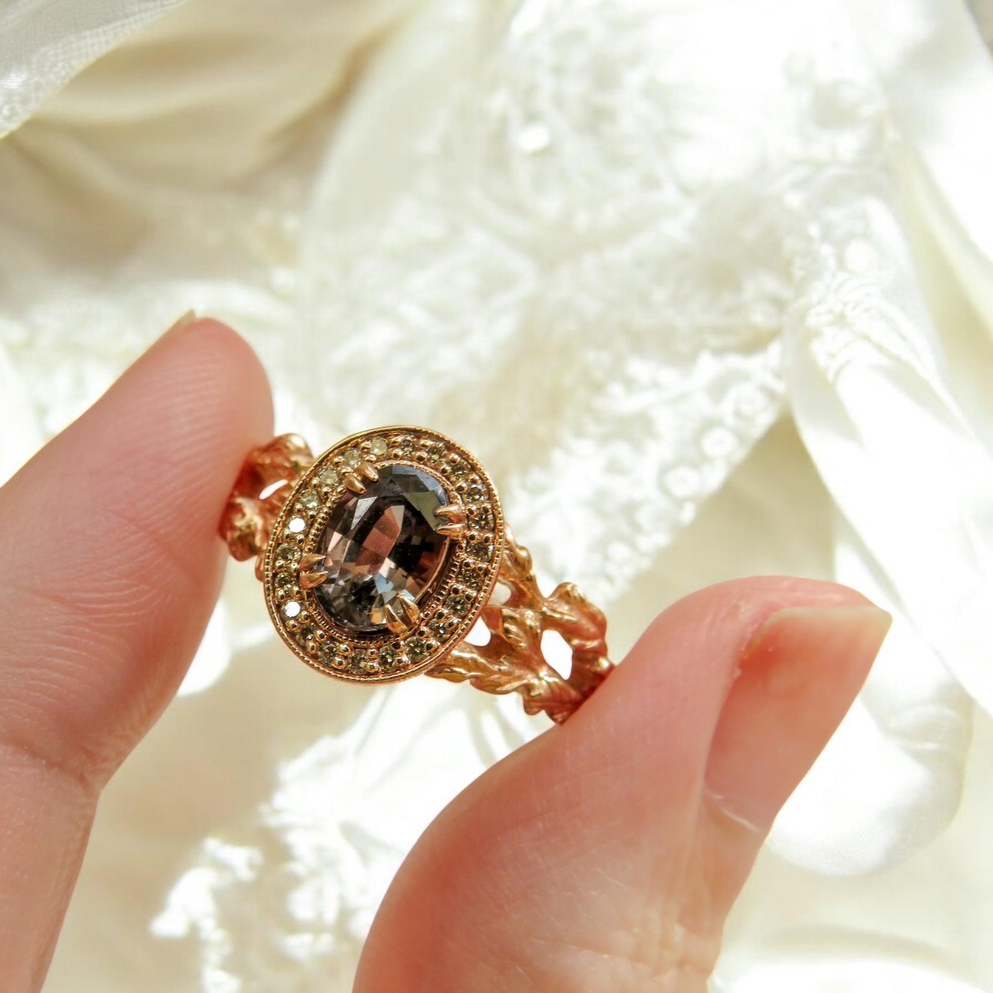 Ethereal Estate Color Change Sapphire Ring | 1.21ct | Champagne Diamond Halo | 14K Rose Gold | North Way Studio | Size 8.25