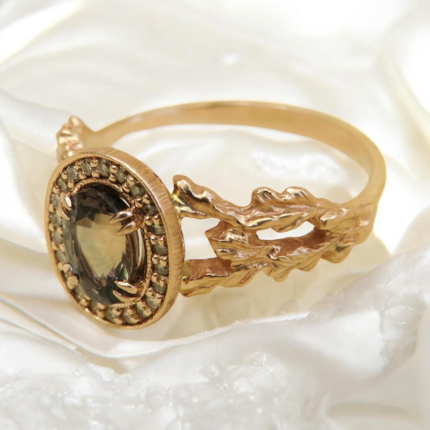 Ethereal Estate Color Change Sapphire Ring | 1.21ct | Champagne Diamond Halo | 14K Rose Gold | North Way Studio | Size 8.25