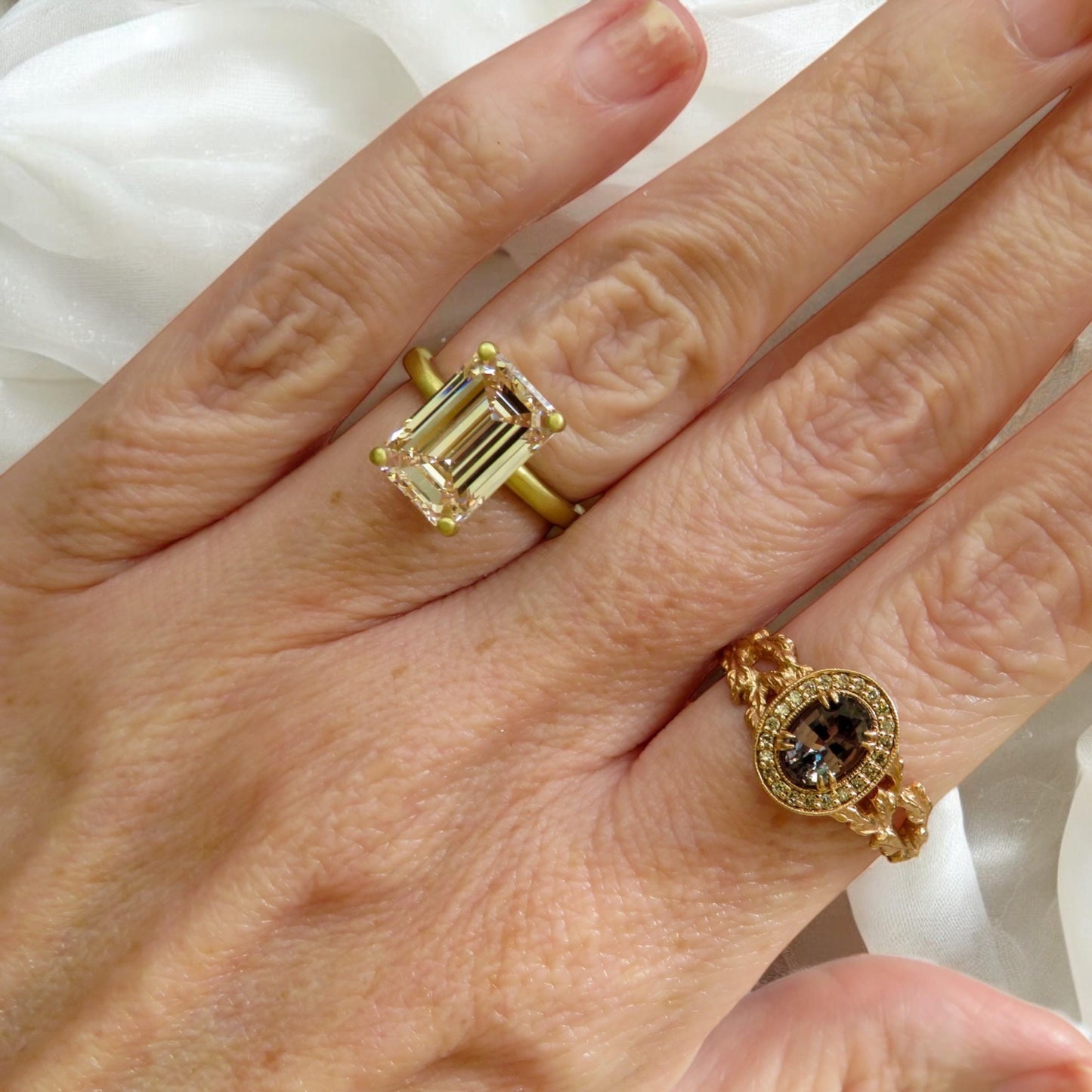 Ethereal Estate Color Change Sapphire Ring | 1.21ct | Champagne Diamond Halo | 14K Rose Gold | North Way Studio | Size 8.25