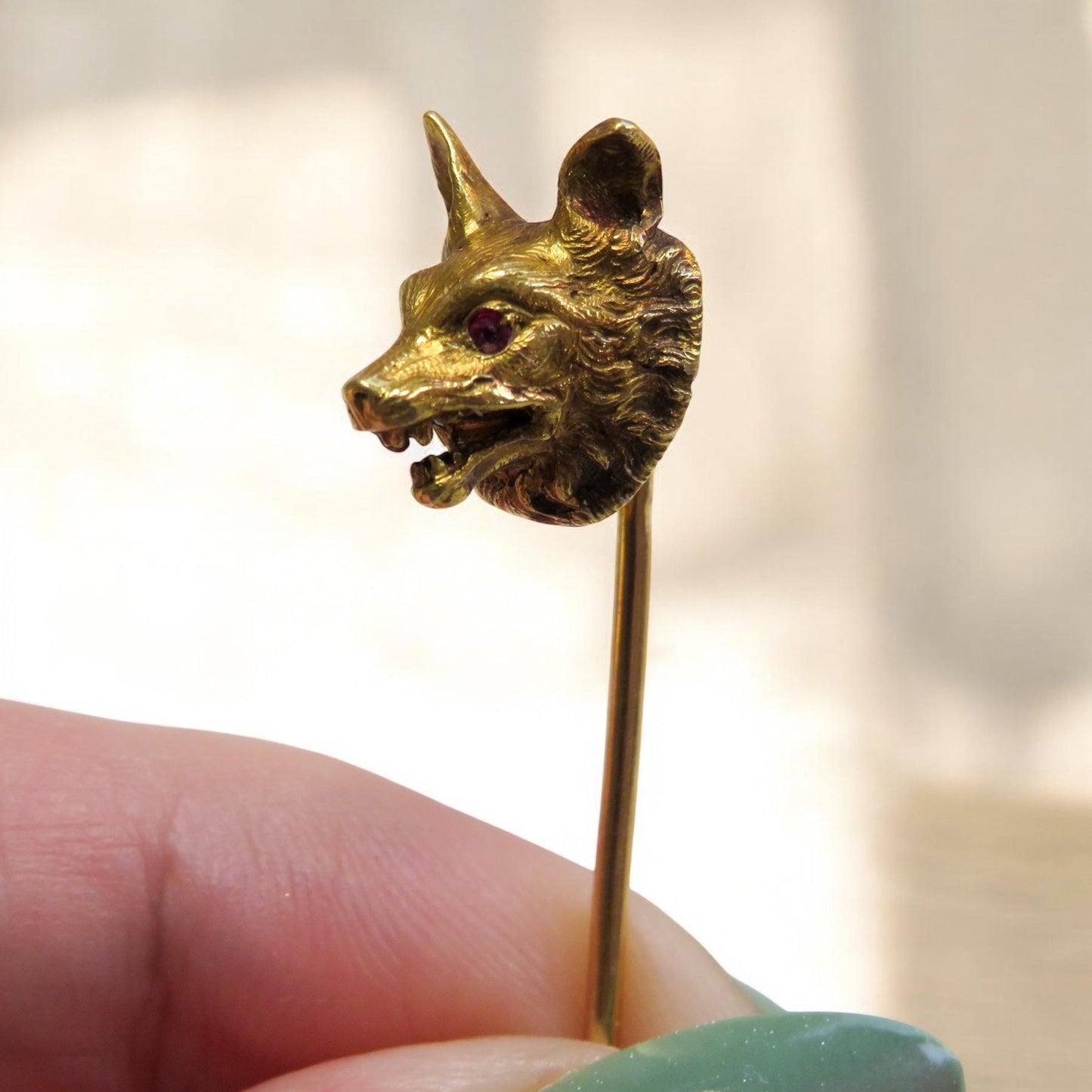 French Antique 18K Gold Wolf Stick Pin, Ruby Eyes, Hallmarked