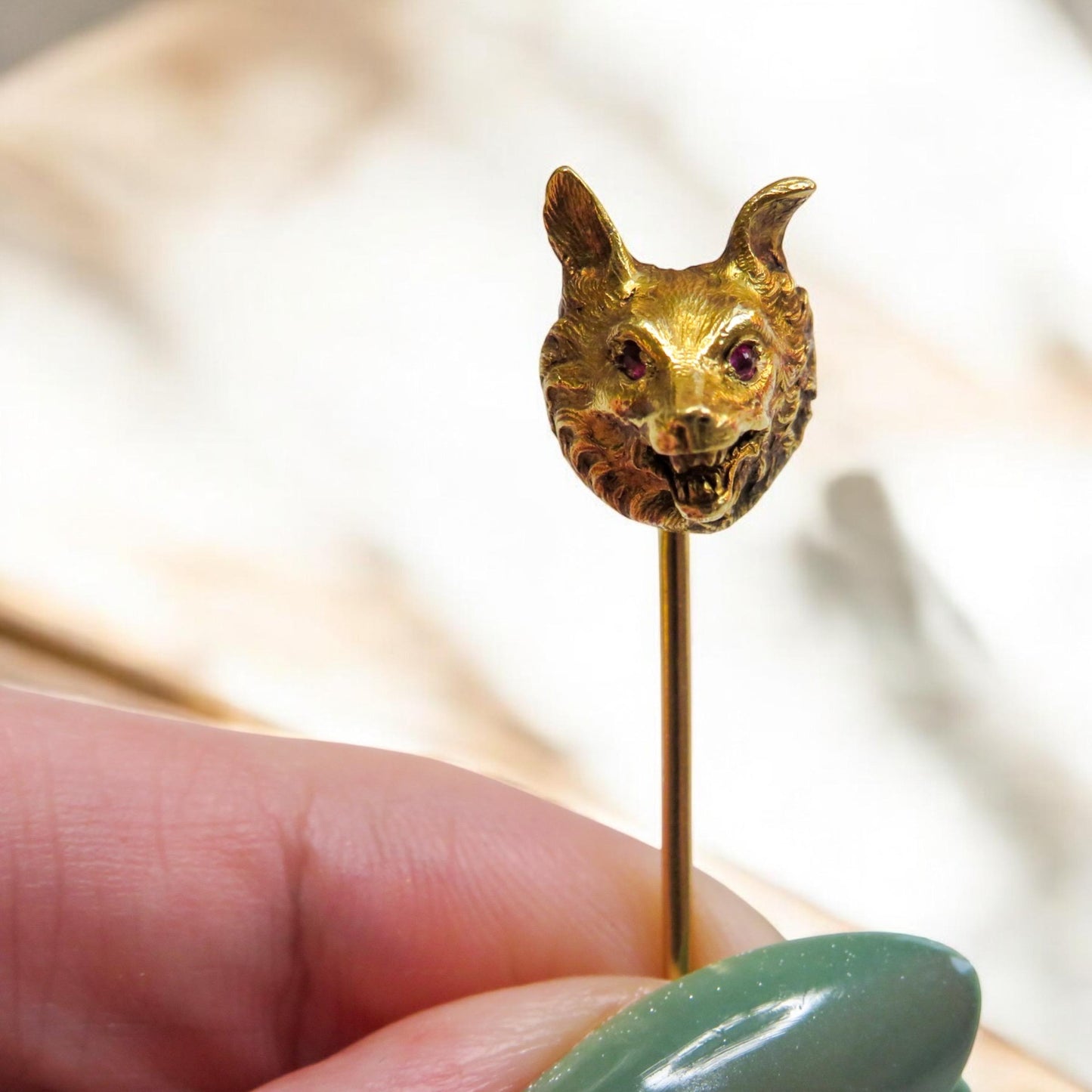 French Antique 18K Gold Wolf Stick Pin, Ruby Eyes, Hallmarked