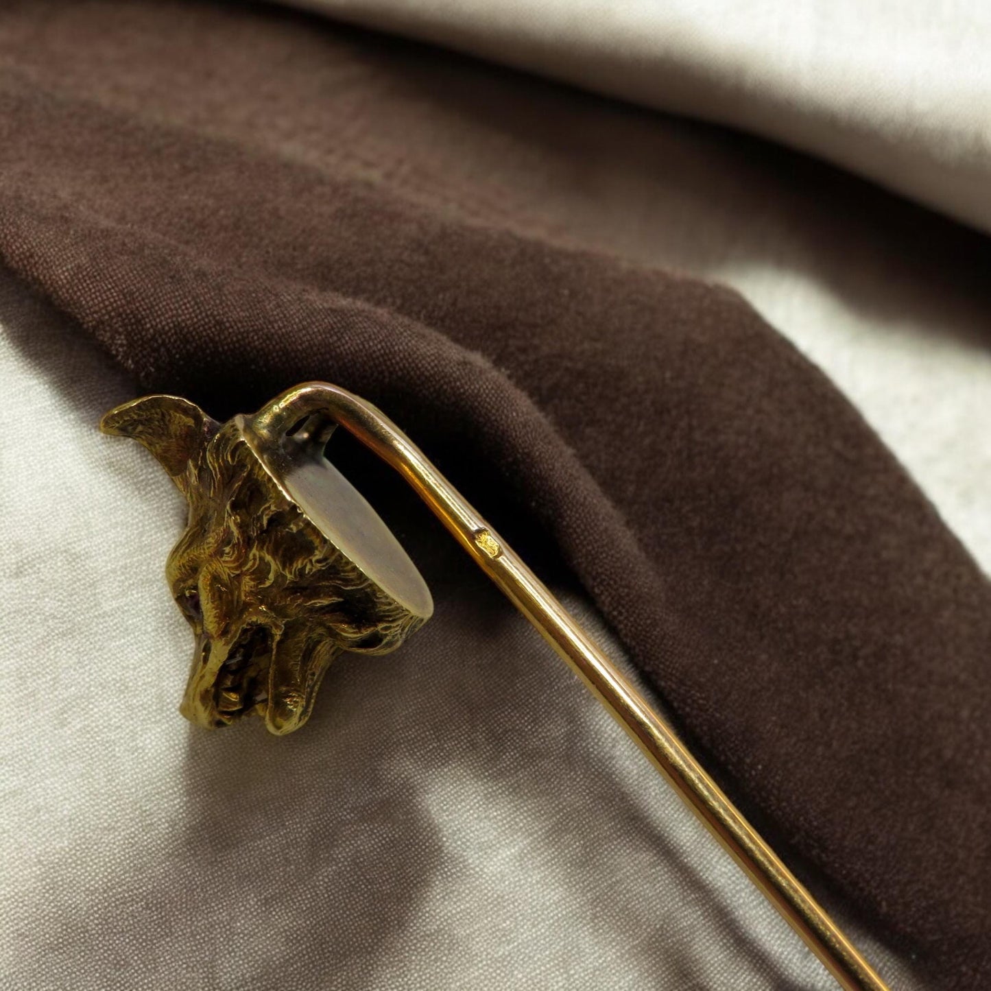 French Antique 18K Gold Wolf Stick Pin, Ruby Eyes, Hallmarked