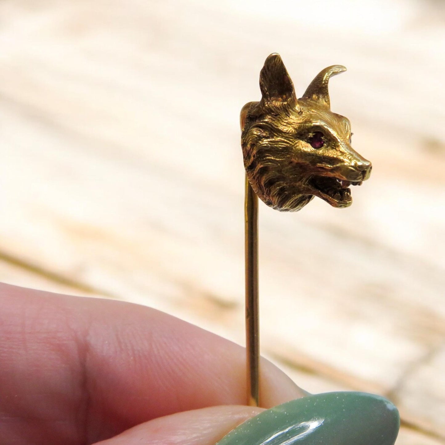 French Antique 18K Gold Wolf Stick Pin, Ruby Eyes, Hallmarked