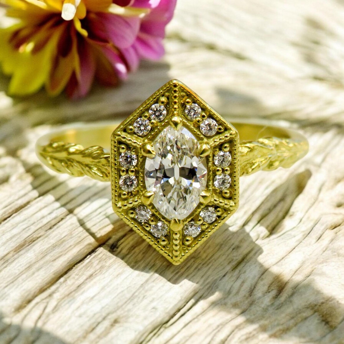 Exquisite Estate Ring | Antique Moval Diamond in 18K Green Gold | North Way Studio
