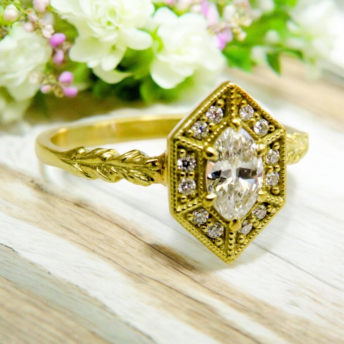 Exquisite Estate Ring | Antique Moval Diamond in 18K Green Gold | North Way Studio