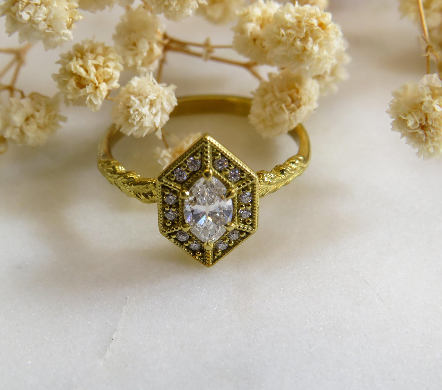 Exquisite Estate Ring | Antique Moval Diamond in 18K Green Gold | North Way Studio