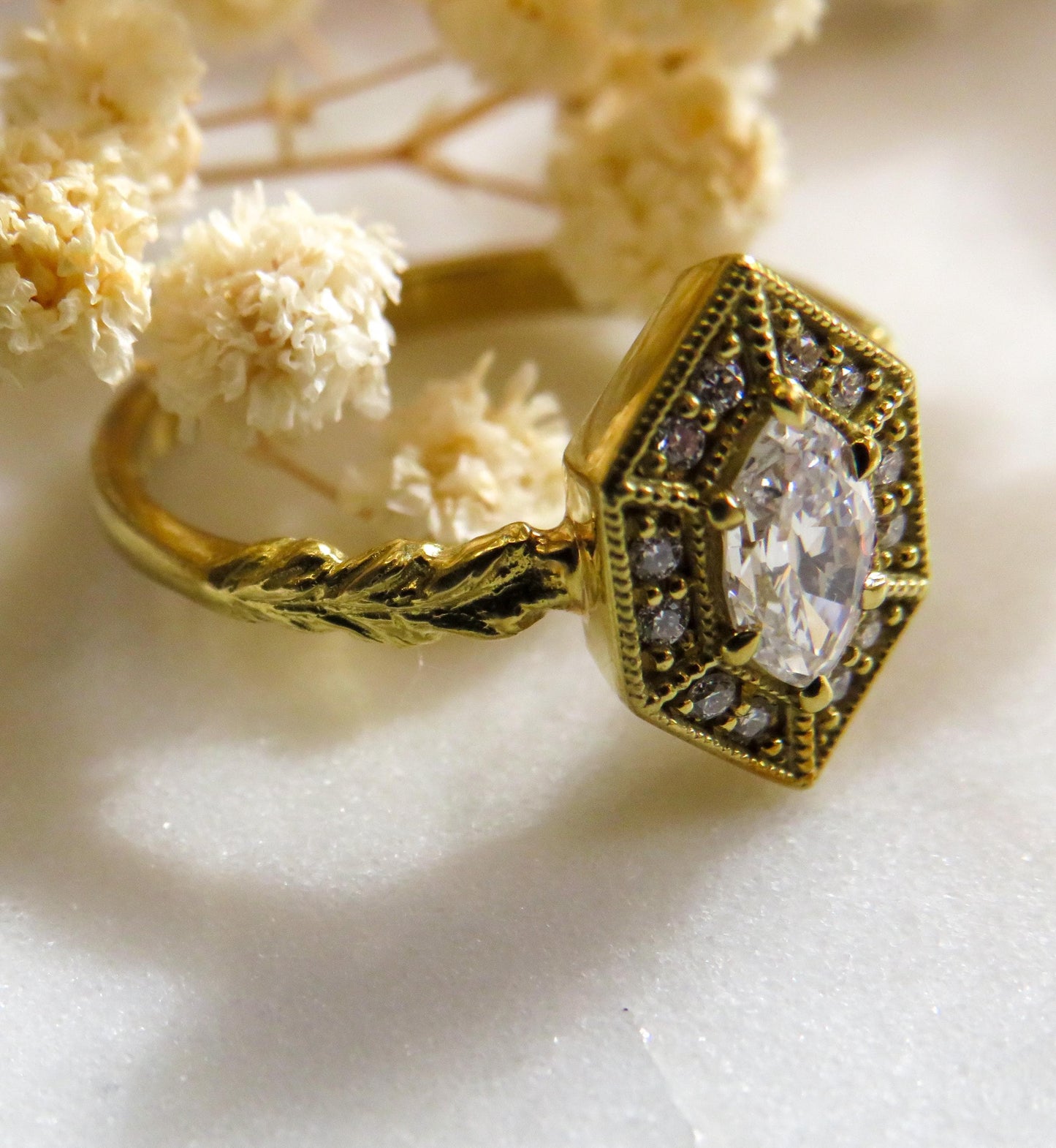 Exquisite Estate Ring | Antique Moval Diamond in 18K Green Gold | North Way Studio