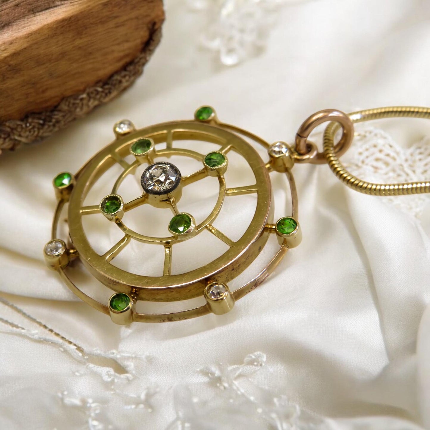 Antique Demantoid Garnet and Diamond Pendant in 15K Gold | Celestial Victorian Era Jewelry | Demantoid Garnet & Old-Cut Diamond Halo