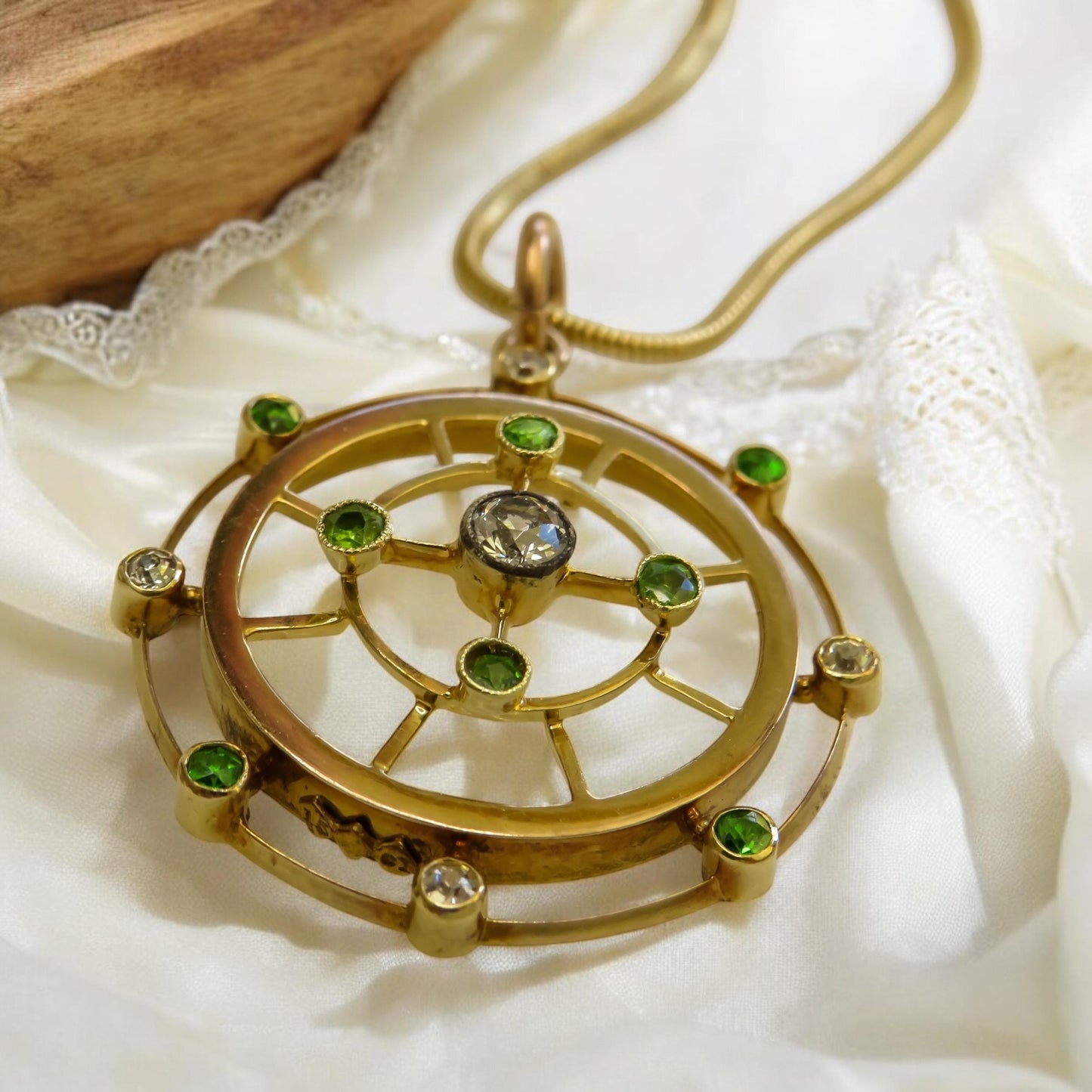 Antique Demantoid Garnet and Diamond Pendant in 15K Gold | Celestial Victorian Era Jewelry | Demantoid Garnet & Old-Cut Diamond Halo