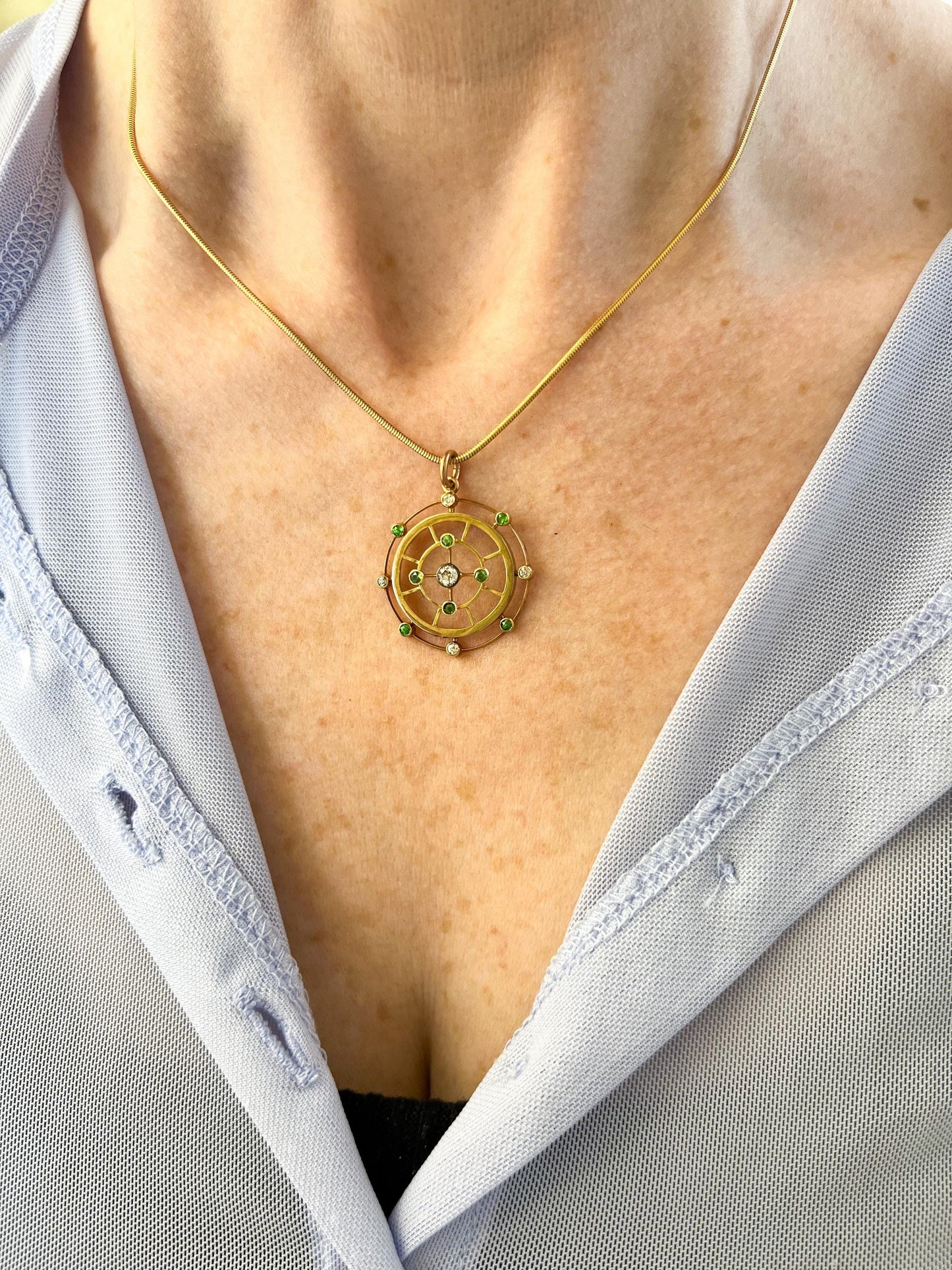 Antique Demantoid Garnet and Diamond Pendant in 15K Gold | Celestial Victorian Era Jewelry | Demantoid Garnet & Old-Cut Diamond Halo