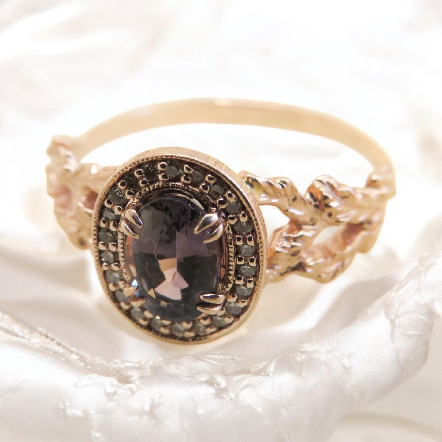 Ethereal Estate Color Change Sapphire Ring | 1.21ct | Champagne Diamond Halo | 14K Rose Gold | North Way Studio | Size 8.25