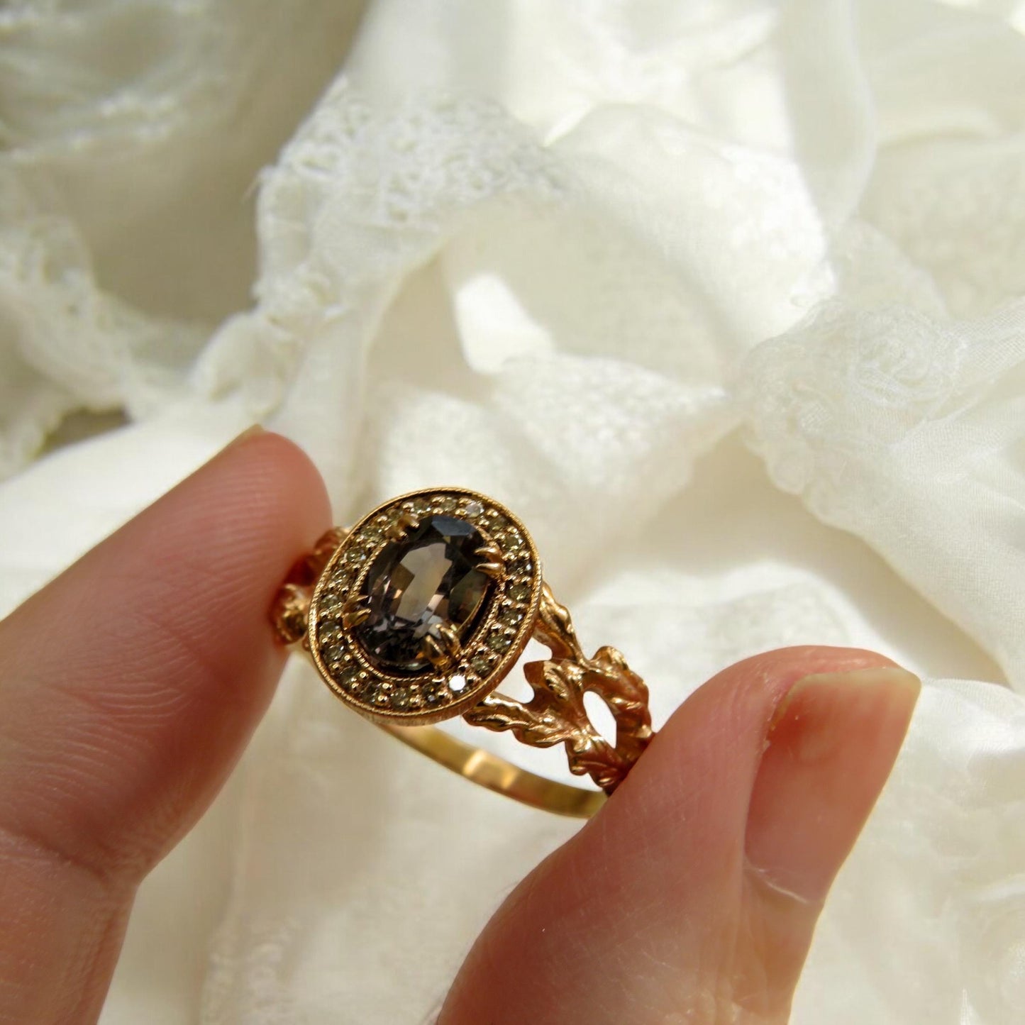 Ethereal Estate Color Change Sapphire Ring | 1.21ct | Champagne Diamond Halo | 14K Rose Gold | North Way Studio | Size 8.25