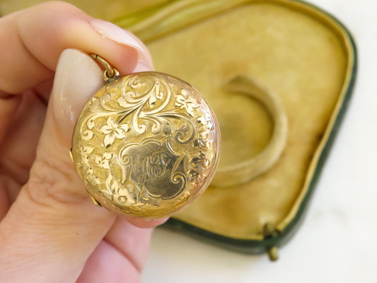 Antique 12K Gold Fill Locket  Engraved “AF Monogram & Floral Back  Victorian Round Photo Keepsake