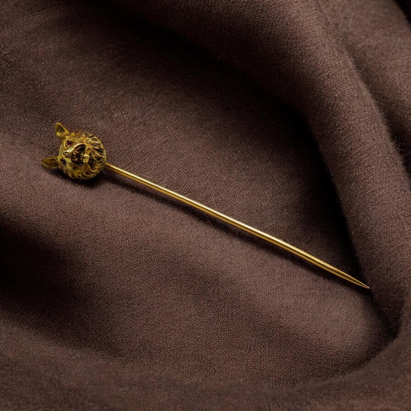 French Antique 18K Gold Wolf Stick Pin, Ruby Eyes, Hallmarked