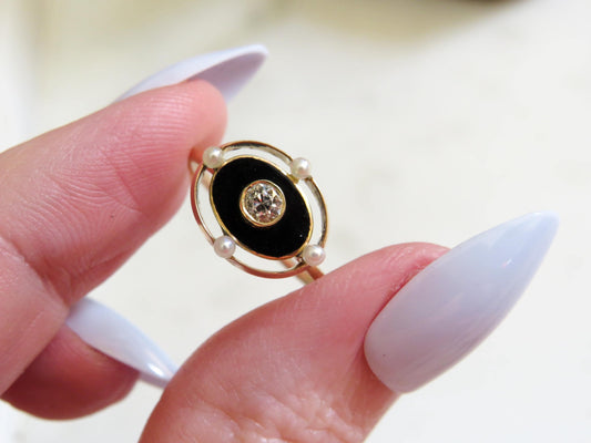 Antique Onyx Diamond Conversion Ring | Old Mine Cut .10ct | 14K & 10K Gold | Size 5.75 | Stick Pin Ring