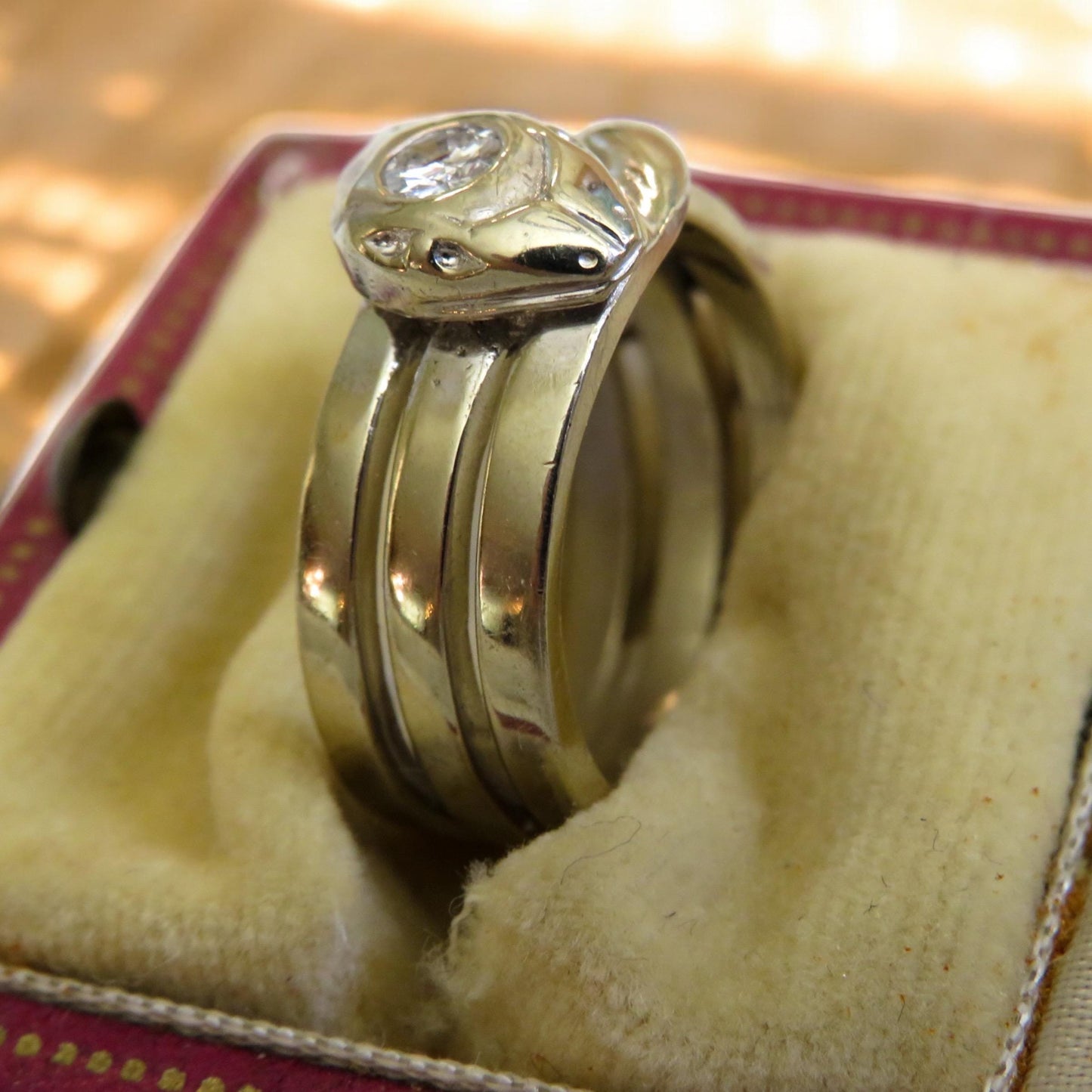 Vintage Art Deco Snake Ring | 14K White Gold | Transitional Cut Diamond | Size 6.5 | .14ct | Heavy Gold Statement Ring | Unisex