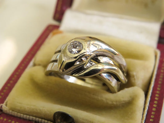 Vintage Art Deco Snake Ring | 14K White Gold | Transitional Cut Diamond | Size 6.5 | .14ct | Heavy Gold Statement Ring | Unisex