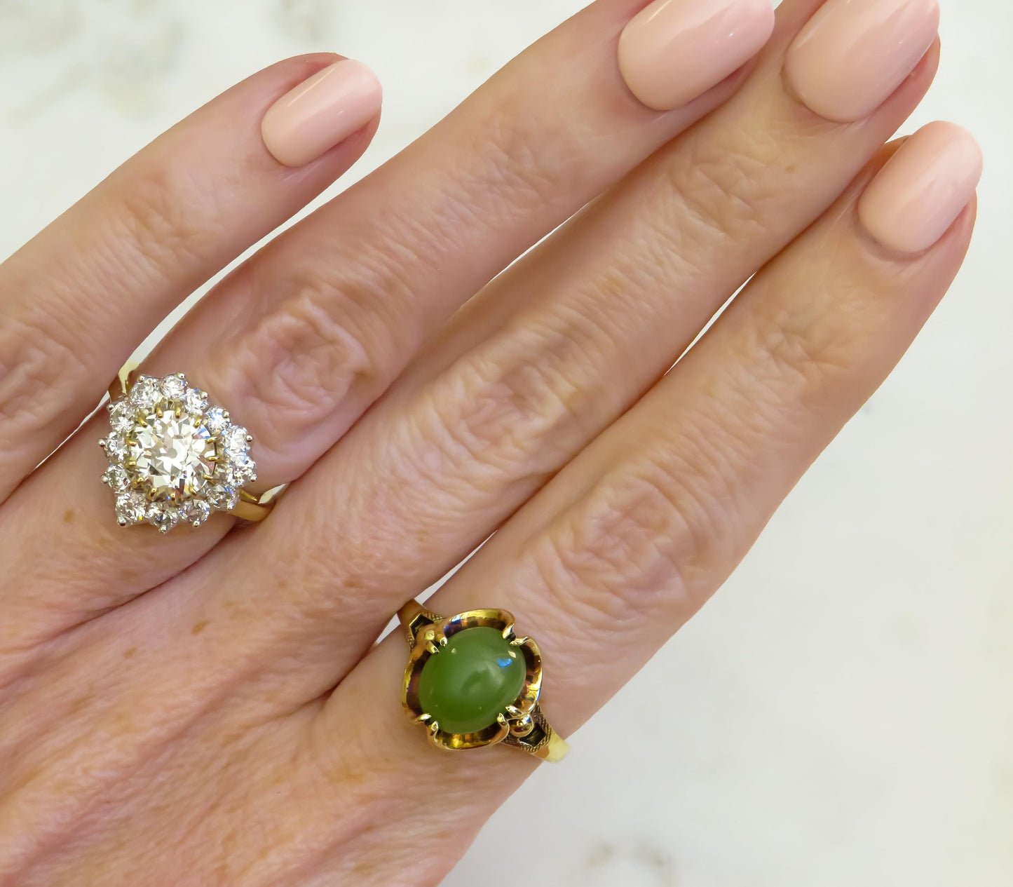 Victorian Jade Ring | Size 8 | 10K Gold | Antique Green Jade Cabochon Ring | Ornate Filigree Setting | Heirloom Jewelry