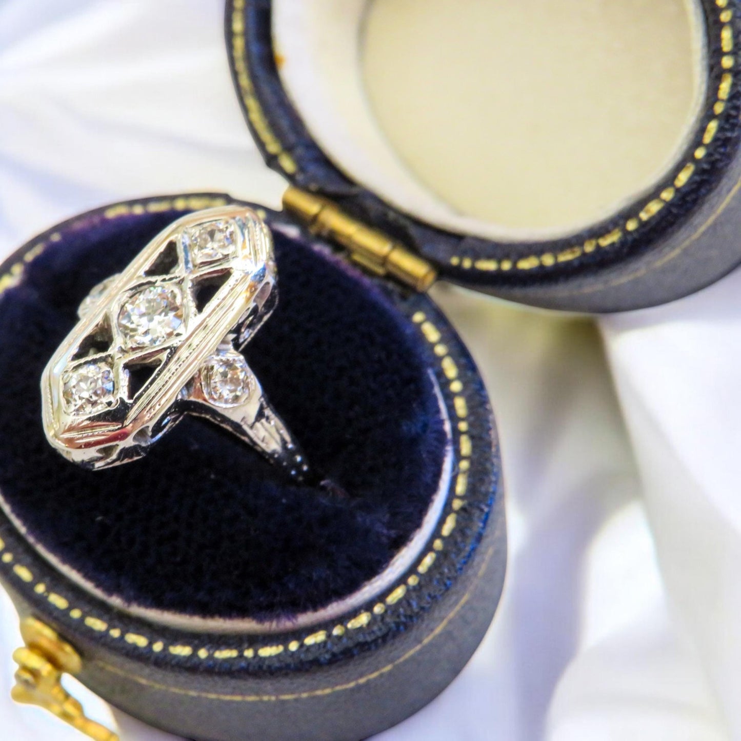 Art Deco Shield Ring | Old Mine Cut Diamond Ring | 18K White Gold | Vintage Engagement Ring | Size 3