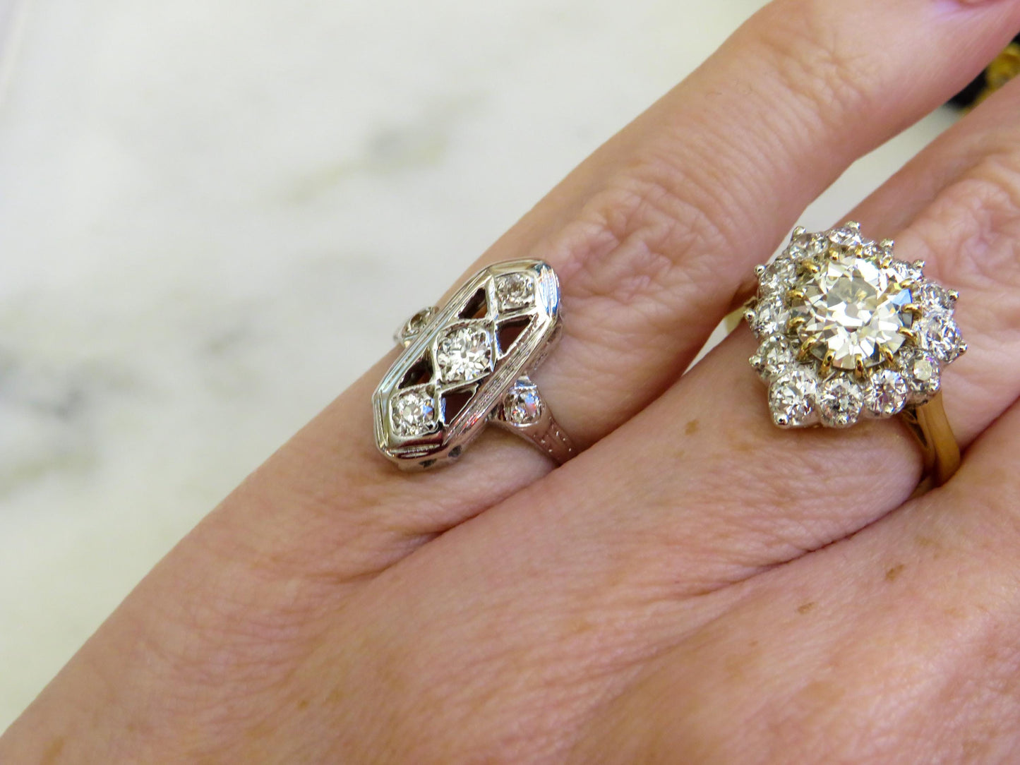 Art Deco Shield Ring | Old Mine Cut Diamond Ring | 18K White Gold | Vintage Engagement Ring | Size 3