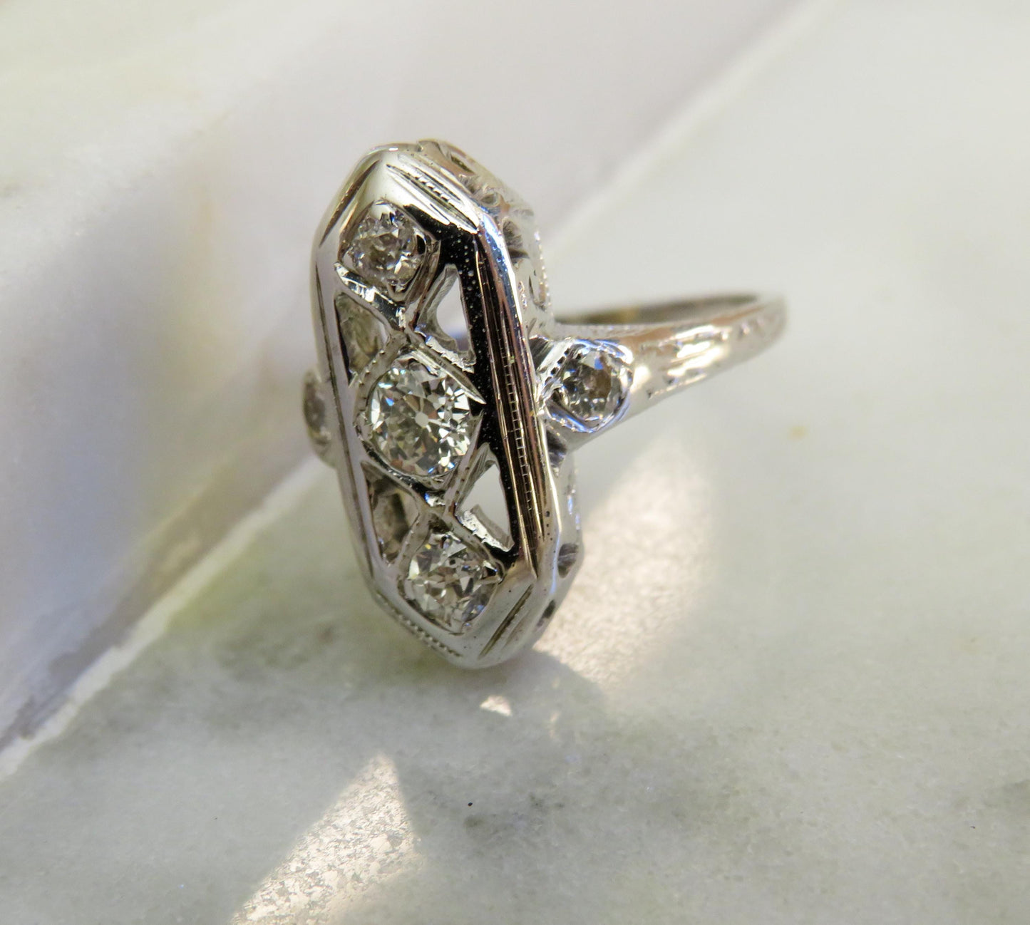 Art Deco Shield Ring | Old Mine Cut Diamond Ring | 18K White Gold | Vintage Engagement Ring | Size 3