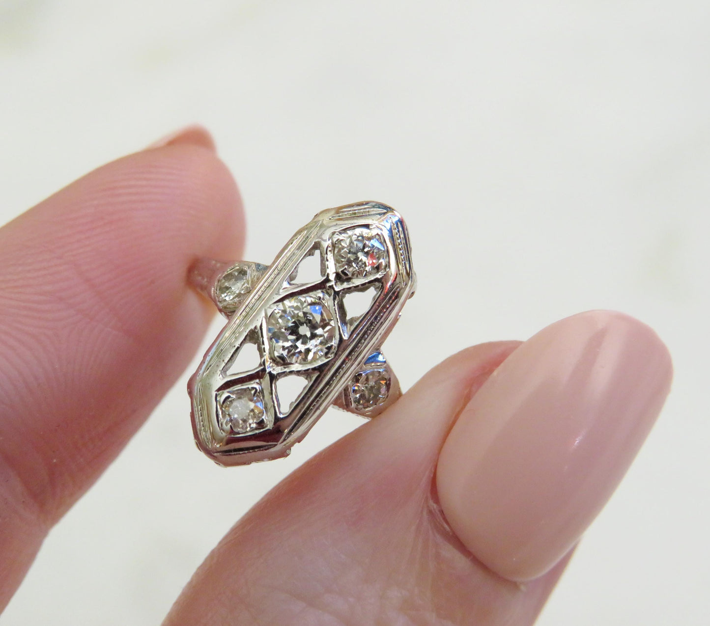 Art Deco Shield Ring | Old Mine Cut Diamond Ring | 18K White Gold | Vintage Engagement Ring | Size 3
