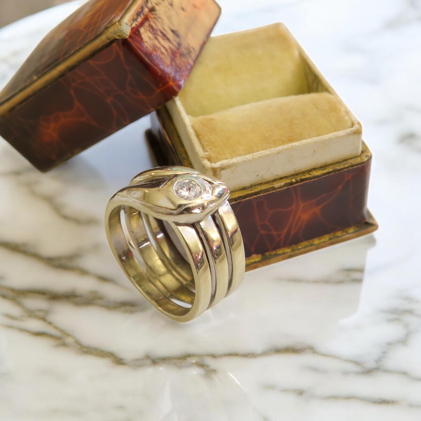 Vintage Art Deco Snake Ring | 14K White Gold | Transitional Cut Diamond | Size 6.5 | .14ct | Heavy Gold Statement Ring | Unisex