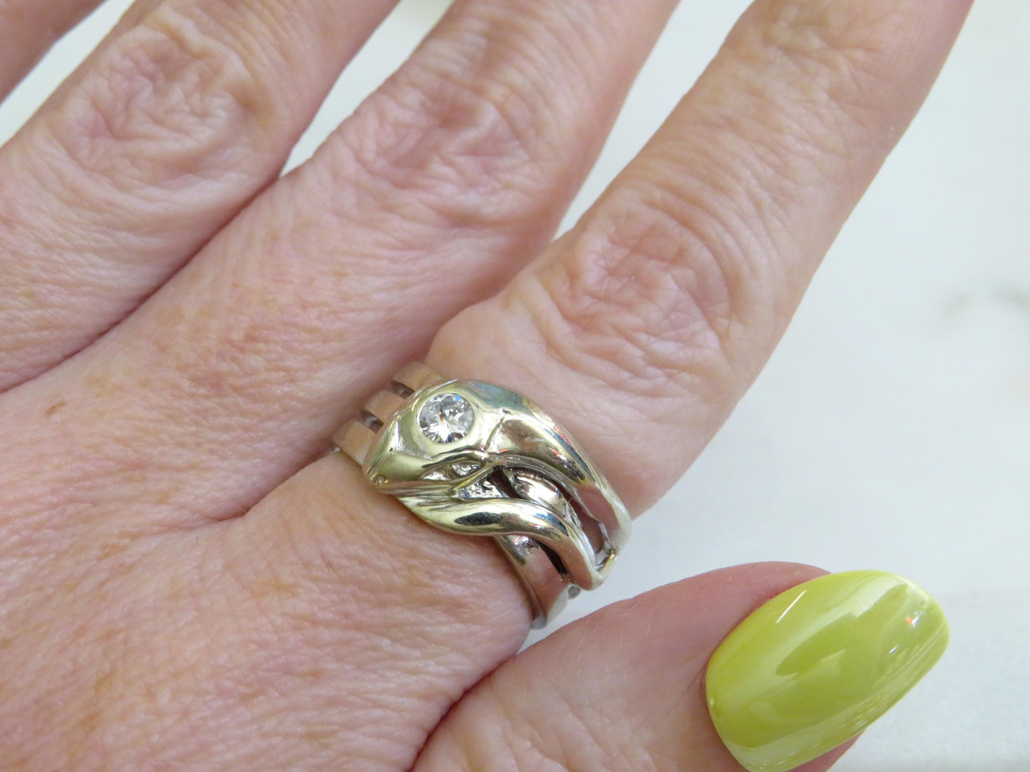 Vintage Art Deco Snake Ring | 14K White Gold | Transitional Cut Diamond | Size 6.5 | .14ct | Heavy Gold Statement Ring | Unisex