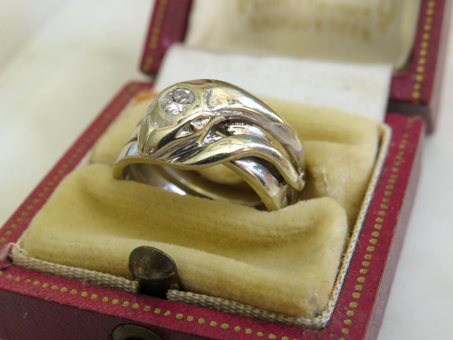 Vintage Art Deco Snake Ring | 14K White Gold | Transitional Cut Diamond | Size 6.5 | .14ct | Heavy Gold Statement Ring | Unisex