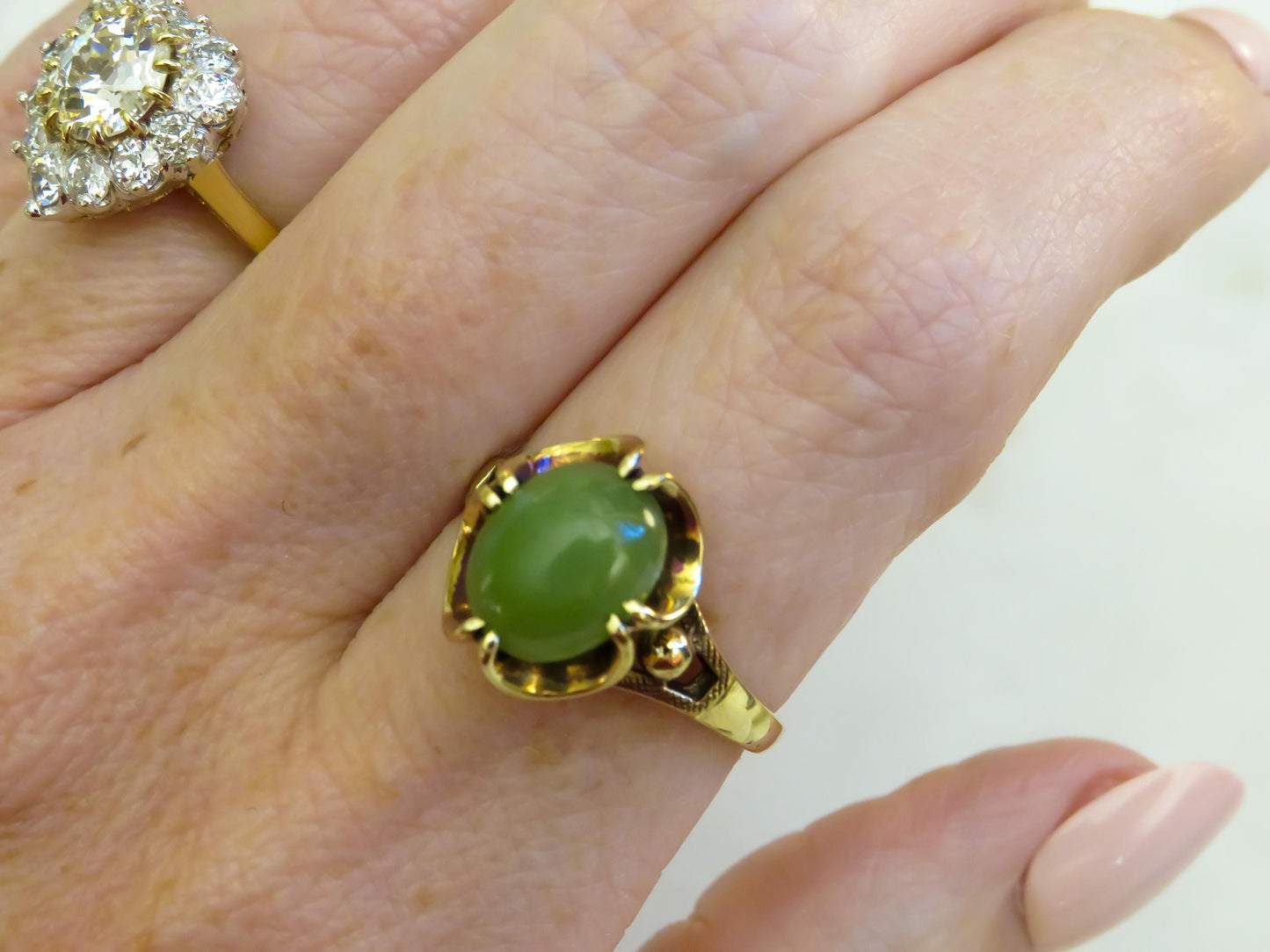Victorian Jade Ring | Size 8 | 10K Gold | Antique Green Jade Cabochon Ring | Ornate Filigree Setting | Heirloom Jewelry