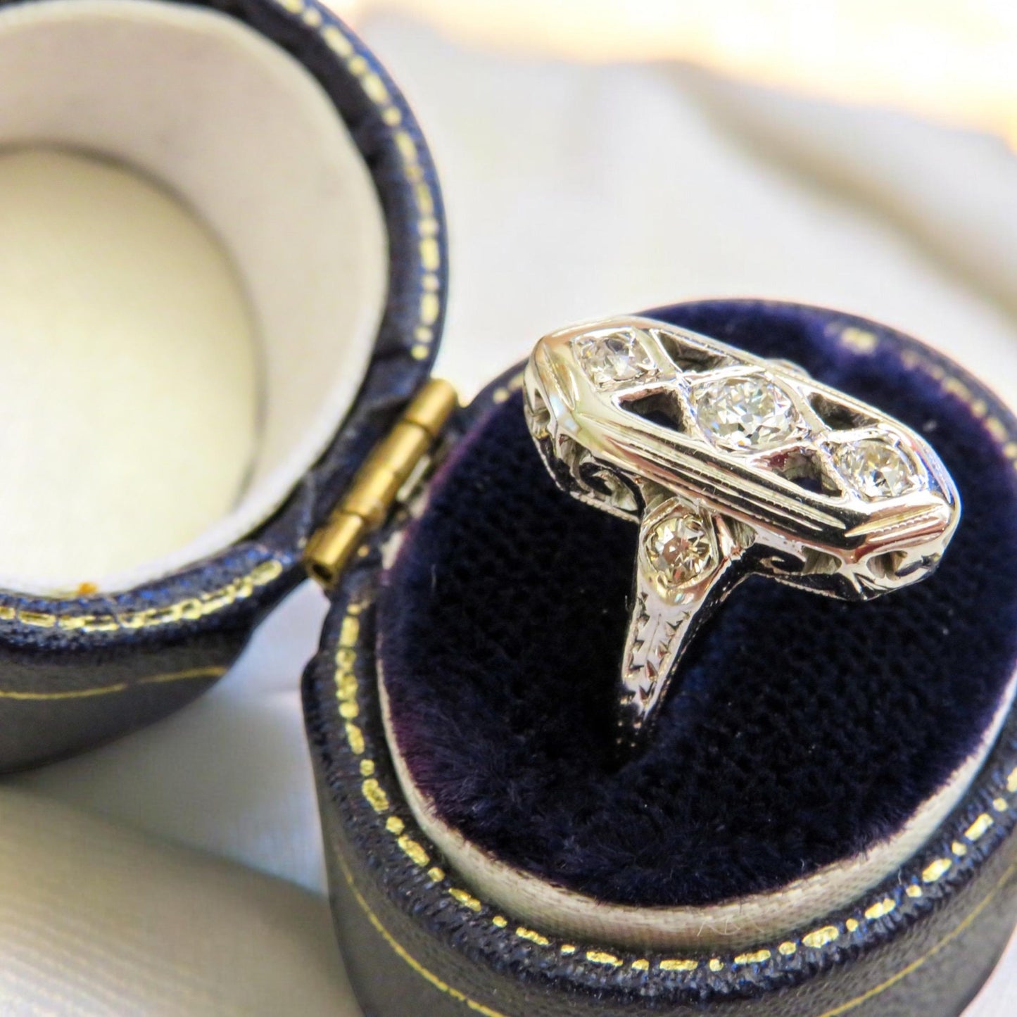 Art Deco Shield Ring | Old Mine Cut Diamond Ring | 18K White Gold | Vintage Engagement Ring | Size 3