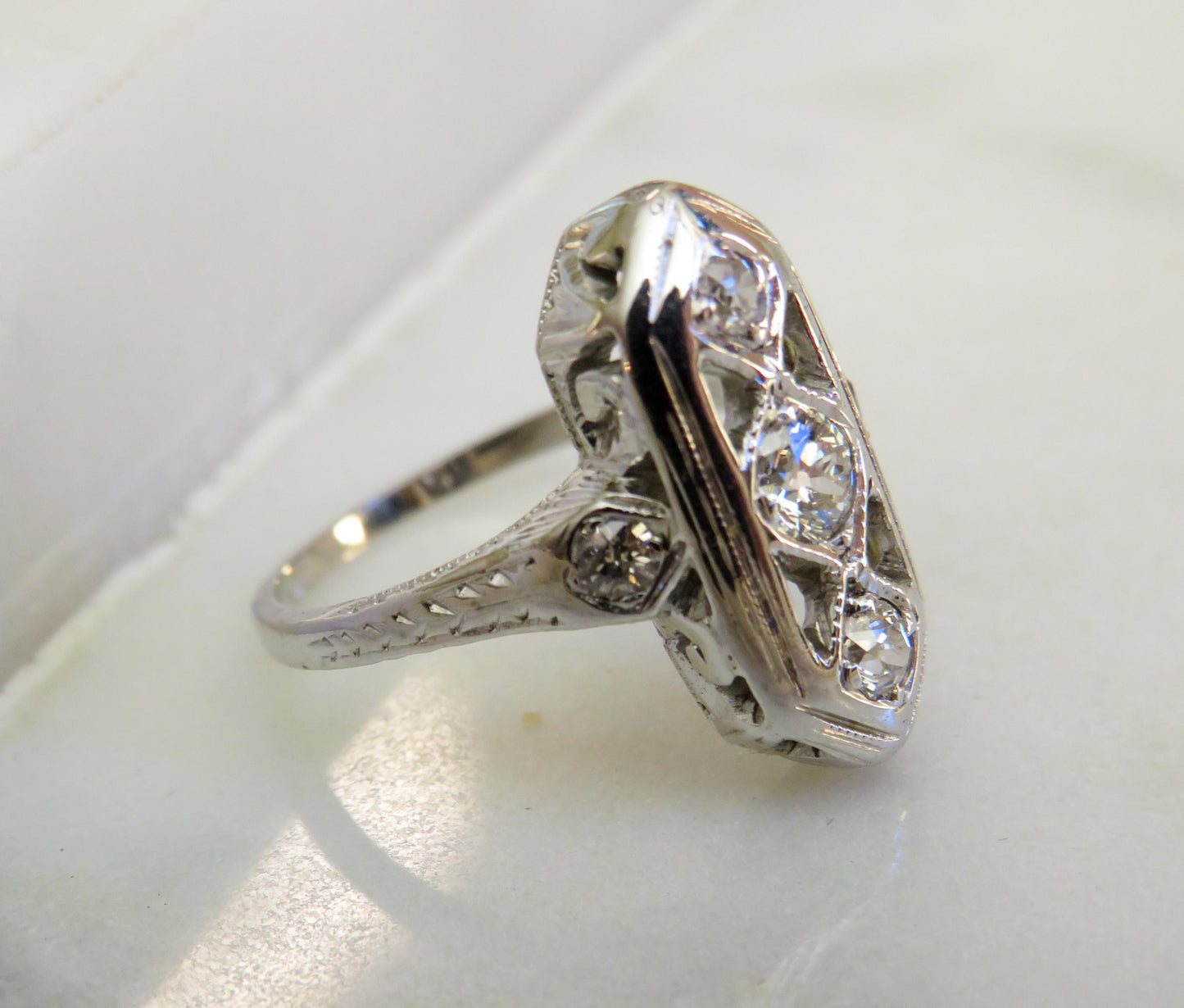 Art Deco Shield Ring | Old Mine Cut Diamond Ring | 18K White Gold | Vintage Engagement Ring | Size 3