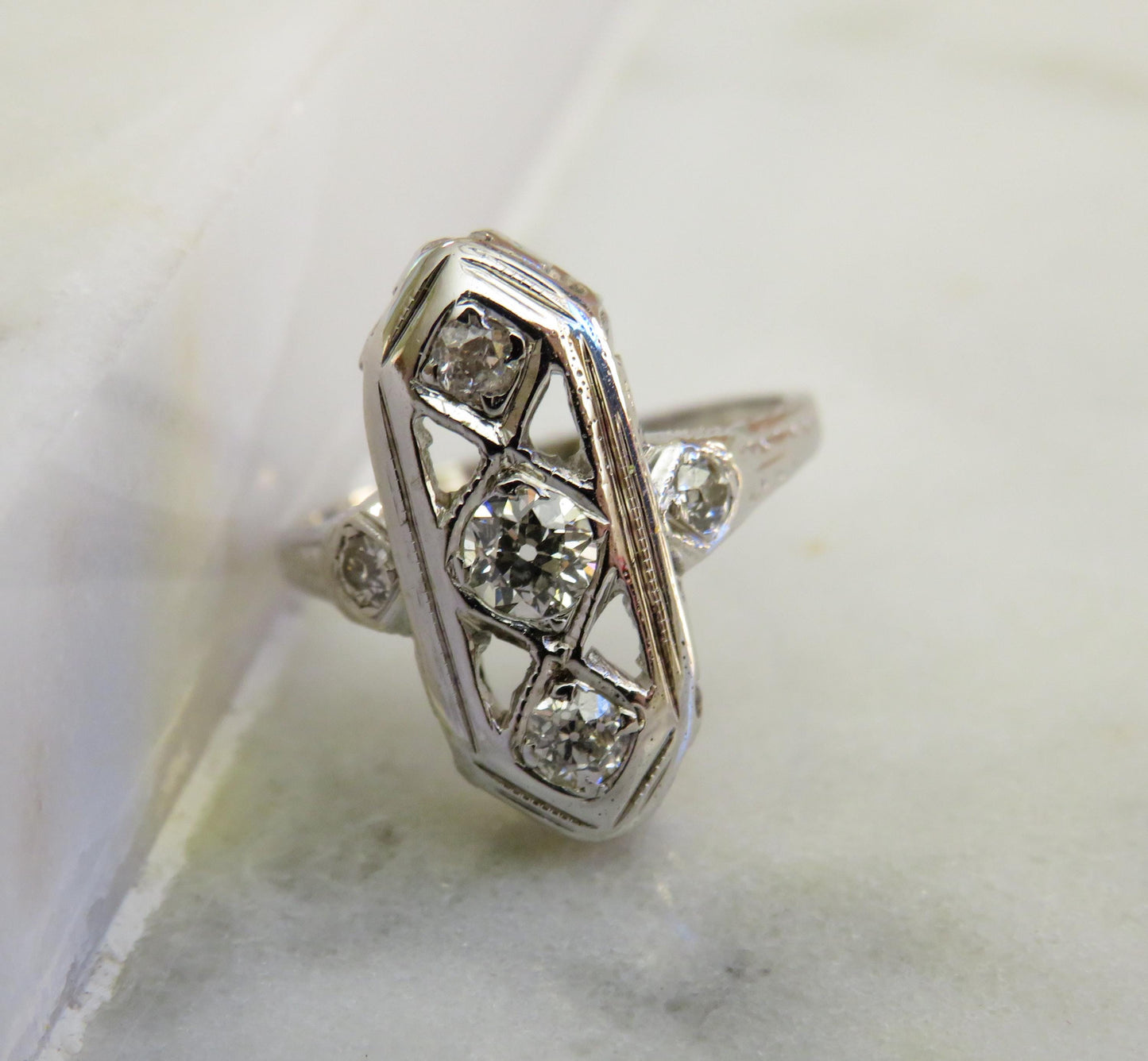 Art Deco Shield Ring | Old Mine Cut Diamond Ring | 18K White Gold | Vintage Engagement Ring | Size 3