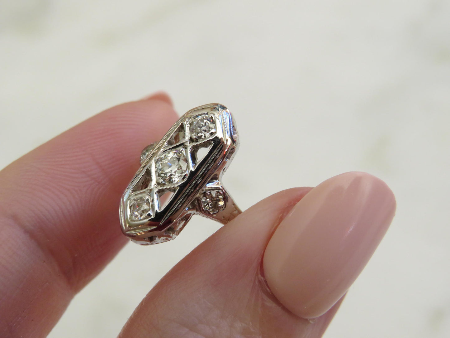 Art Deco Shield Ring | Old Mine Cut Diamond Ring | 18K White Gold | Vintage Engagement Ring | Size 3
