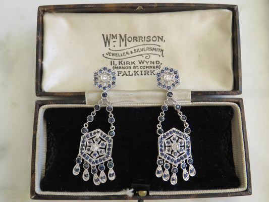 Art Deco Revival Diamond & Sapphire Drop Earrings in 14K White Gold  2 Long Statement Earrings