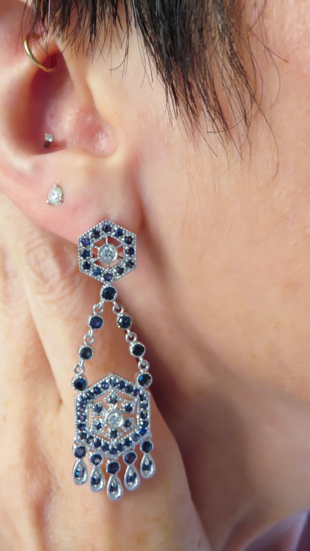 Art Deco Revival Diamond & Sapphire Drop Earrings in 14K White Gold 2 Long Statement Earrings