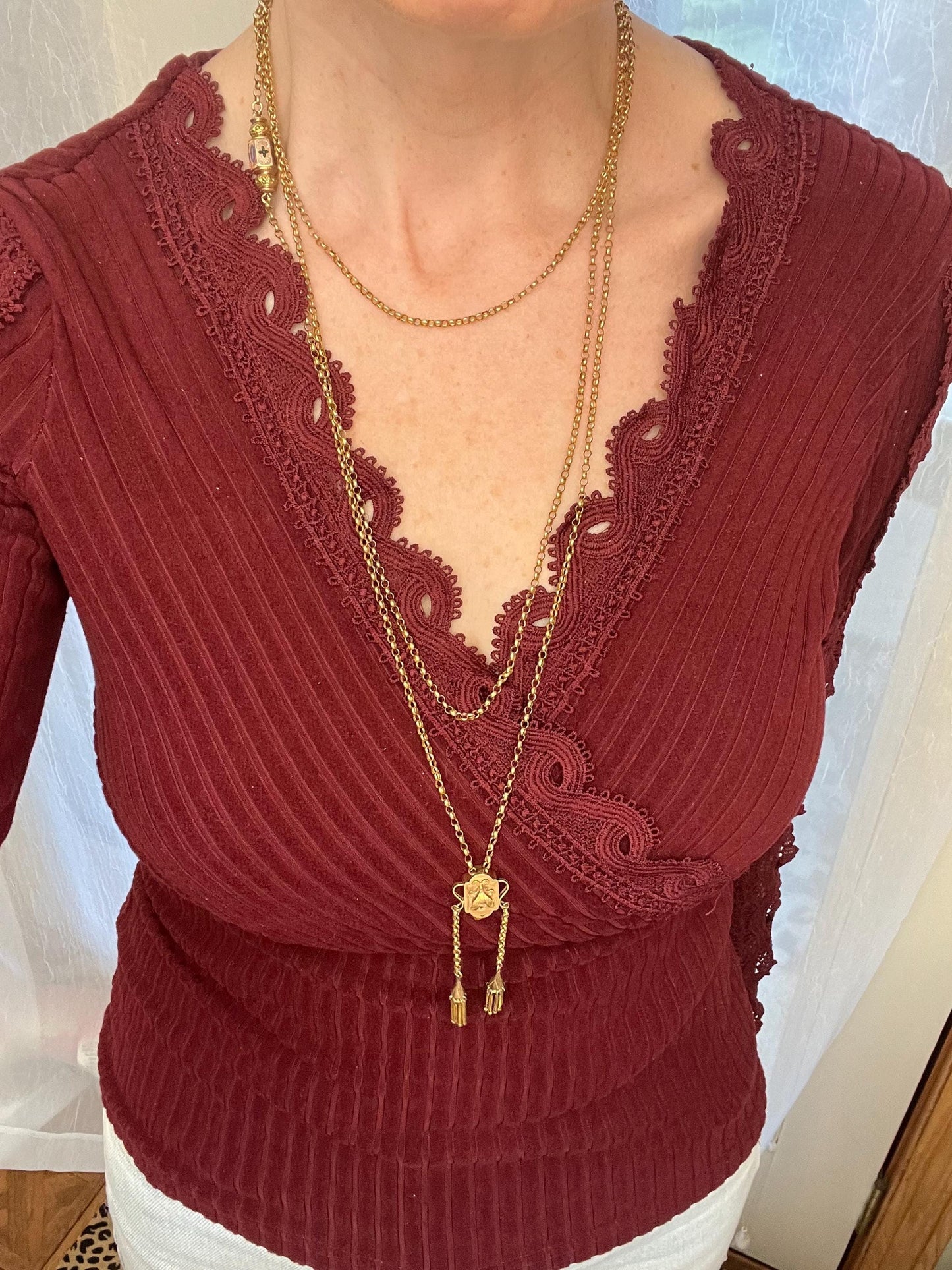 Victorian Gold Long-Guard Chain Necklace with Enamel Details