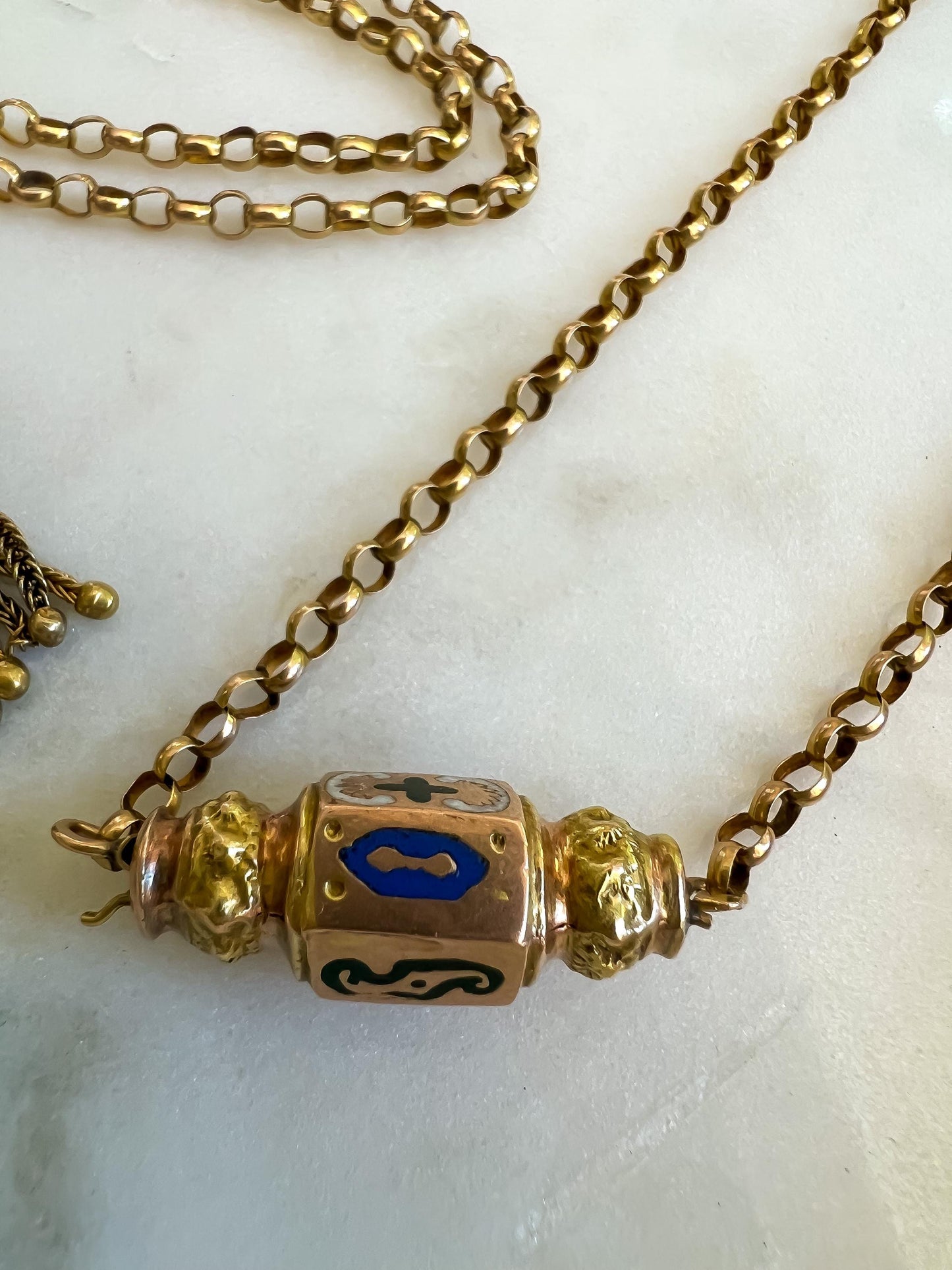 Victorian Gold Long-Guard Chain Necklace with Enamel Details
